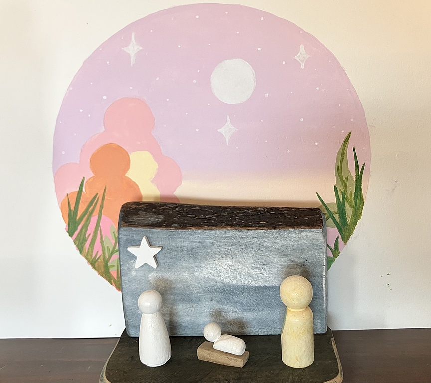 Belén en Madera y Fondo papel en Acrílico